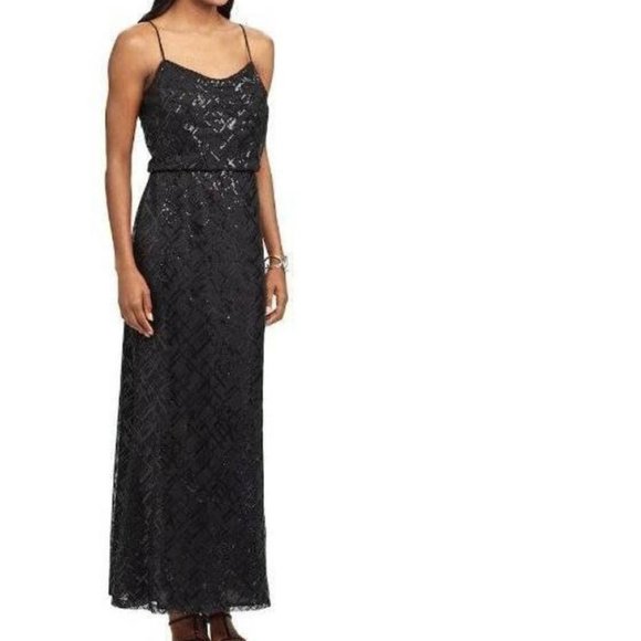 *Formal Dress Maxi Chaps Black Size 10 Chiffon Sequined Spaghetti Strap Party - Picture 1 of 8